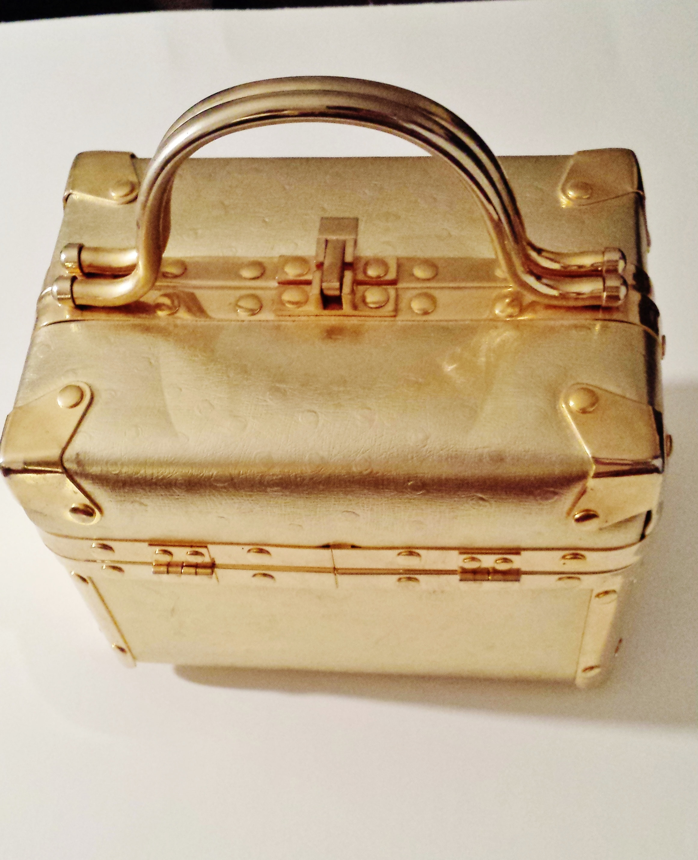 Gold Leather Hand Bag, Box Style, Travel Trunk Purse, Chic Stylish Vintage  Bag